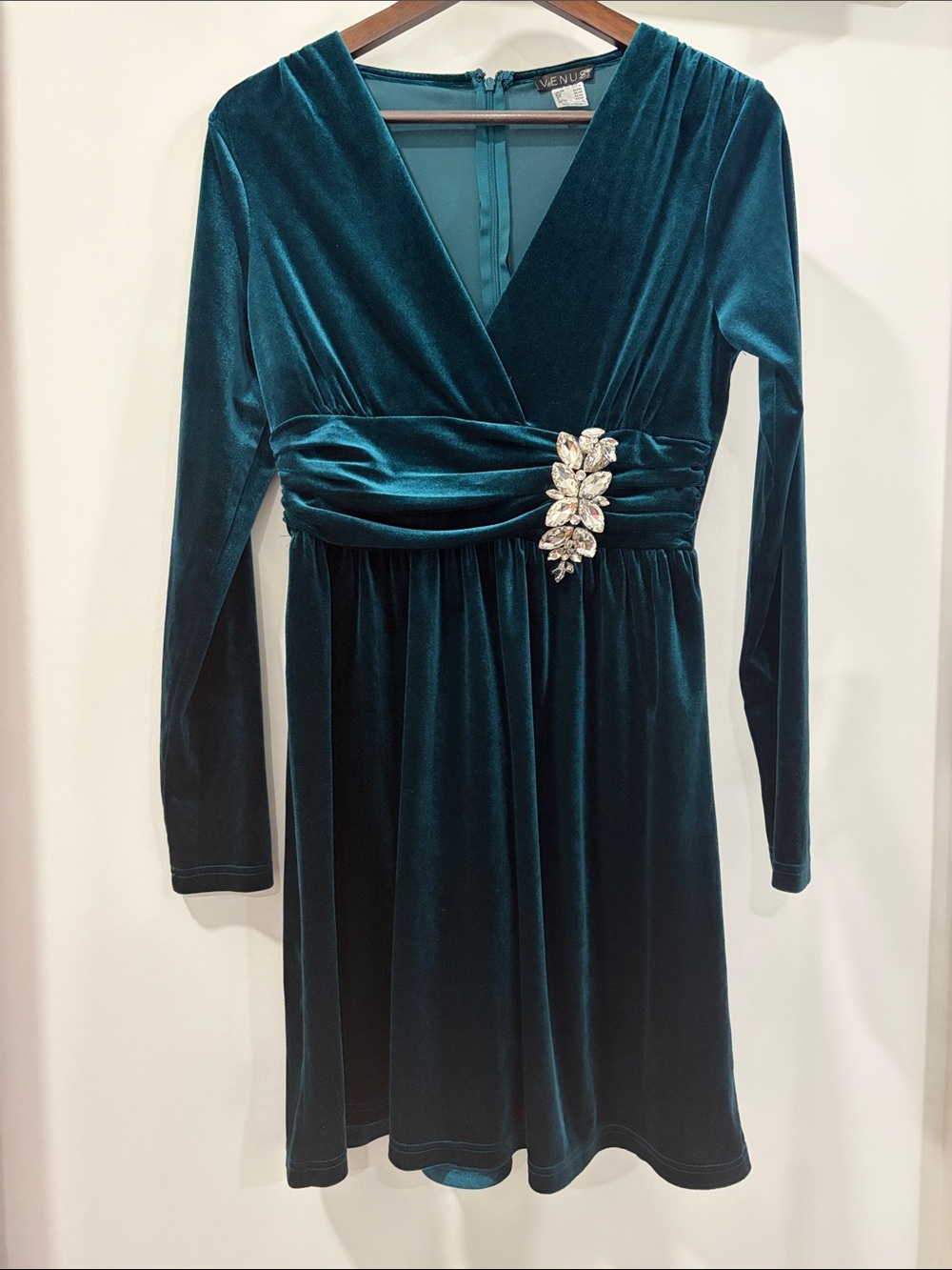 VENUS Teal Velvet Long-Sleeve Faux Stretch VelvetWrap Dress with Crystal Accent